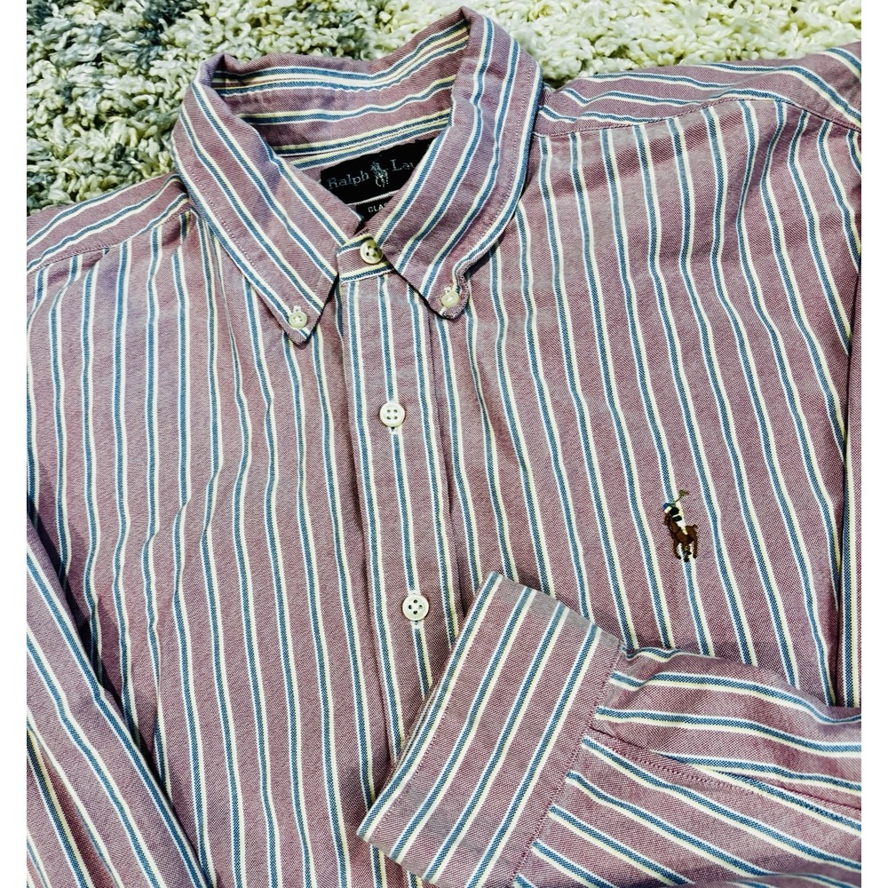 Men's Polo Ralph Lauren Pink‎ White Striped Pony Long Sleeve Shirt XXL